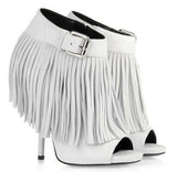 Open-Toe Fringed Suede Booties - Black or White