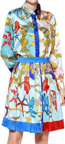 Coral Reef Print Silk Shirt & Skirt Set
