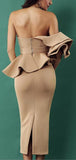 Ruffle Peplum Strapless One-Sleeve Evening Dress, Beige/Khaki