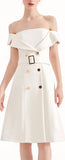 Off-The-Shoulder Button-Embellished Dress, White