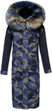 Blue Camouflage Fur Knee-Length Parka Coat