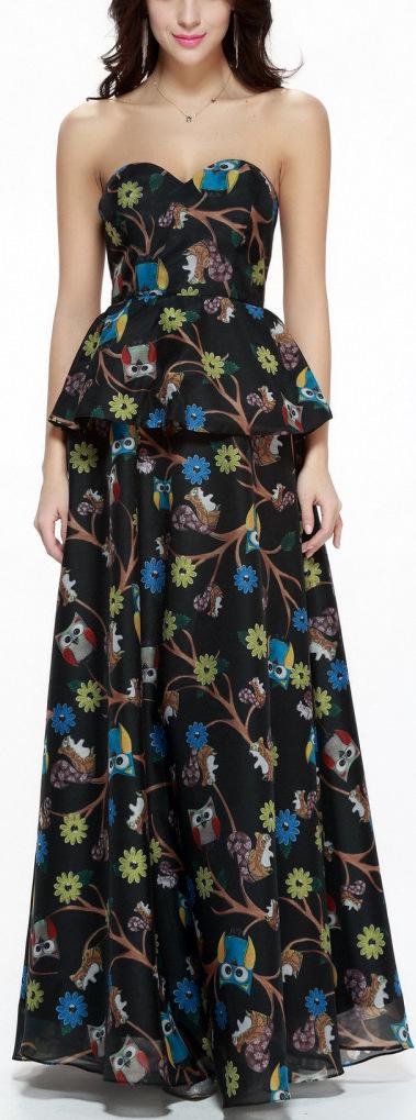 Black Printed Strapless Peplum Gown