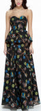 Black Printed Strapless Peplum Gown