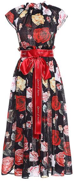 Rose-Printed Ruched Crepe Sash-Belted Midi Dress