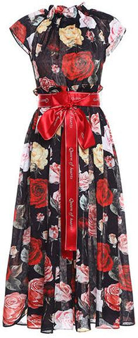Rose-Printed Ruched Crepe Sash-Belted Midi Dress