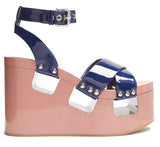 Patent Leather Platform-Wedge Sandals - Light Blue or Blue