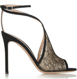 Black Suede-Trimmed Chantilly Lace Sandals