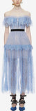 Off-Shoulder Fine Lace Maxi Dress, Light Blue