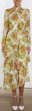 Golden Tiered Ruffle Floral Print Midi Dress