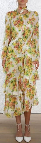 Golden Tiered Ruffle Floral Print Midi Dress