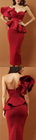 Ruffle Peplum Strapless One-Sleeve Evening Dress, Red