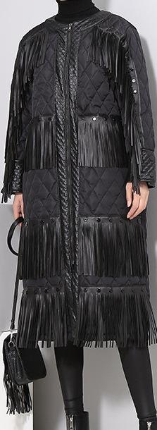 Black Fringed Quilted Coat