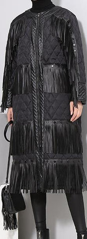 Black Fringed Quilted Coat