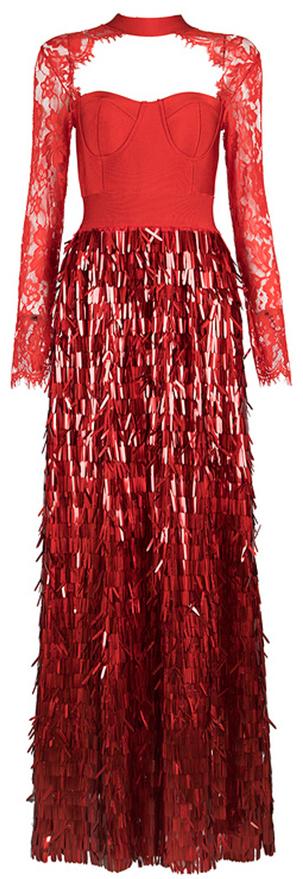 Embellished Lace-Sleeved Bustier-Bandage Gown-Red