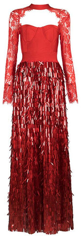 Embellished Lace-Sleeved Bustier-Bandage Gown-Red