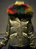 Rainbow Fur-Hooded Puffer Jacket - Champagne, Black, Blue or White