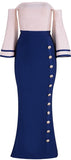 Color-Contrast Button-Embellished Off-the-Shoulder Stretch Midi Dress