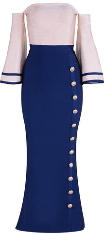 Color-Contrast Button-Embellished Off-the-Shoulder Stretch Midi Dress