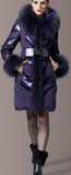 Chevron-Metallic-Paneled Fur-Trim Puffer Coat