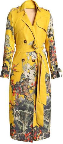 Printed Faux-Suede Trench Coat, Yellow
