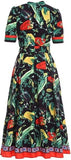 Short-Sleeve Vegetable Print Midi Dress, Black