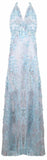 Blue Floral-Appliques Embroidered Sheer Halter Maxi Dress