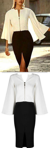 Bicolor Flared-Sleeve Zip Stretch Dress