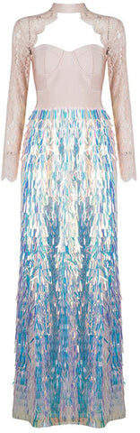 Embellished Lace-Sleeved Bustier-Bandage Gown-Multi