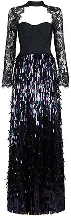 Embellished Lace-Sleeved Bustier-Bandage Gown-Black