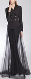 Asymmetrical Double-Breasted Blazer and Long Tulle Overlay Skirt - Black or Red