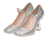 Silver Glitter and Mirror Mid Heel Mary Jane Pumps
