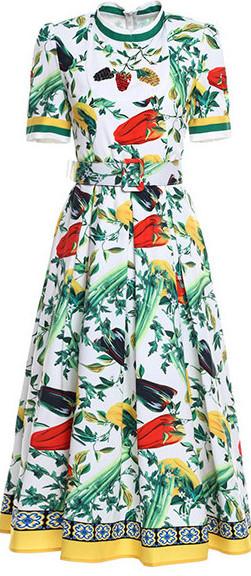 Short-Sleeve Vegetable Print Midi Dress, White