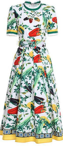Short-Sleeve Vegetable Print Midi Dress, White