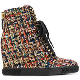 Tweed Lace-Up Wedged Boots - Multi or Black & White