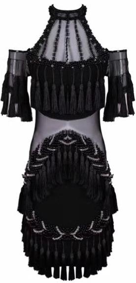 Black Tassel & Bead Embellished Mini Dress