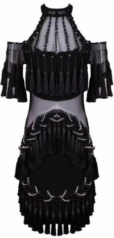 Black Tassel & Bead Embellished Mini Dress