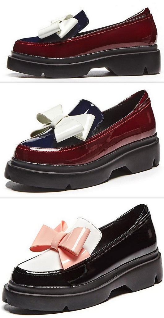 Patent Leather Bow Platform Loafers - Burgundy or Black