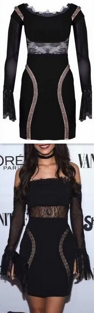 Black Sheer Lace Paneled Stretch Off-Shoulder Mini Dress