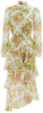 Golden Tiered Ruffle Floral Print Midi Dress