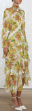 Golden Tiered Ruffle Floral Print Midi Dress