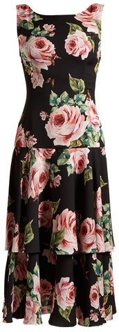 Dropped-Waist Rose-Print Dress