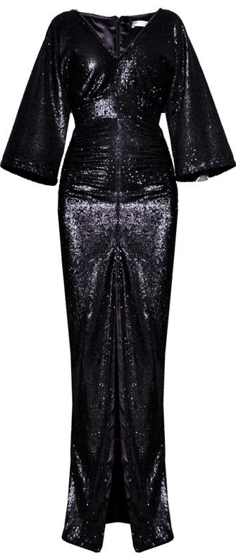 Ruched V-Neck Sequin-Embellished Gown, Black