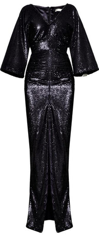 Ruched V-Neck Sequin-Embellished Gown, Black