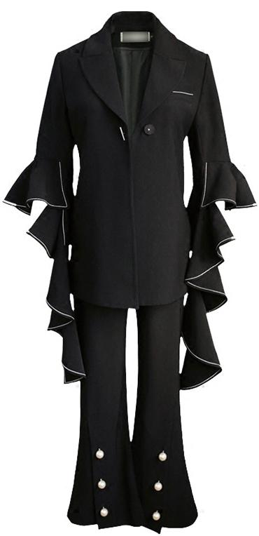 Black Ruffle-Sleeve Jacket and Pant Set