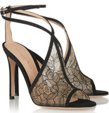 Black Suede-Trimmed Chantilly Lace Sandals
