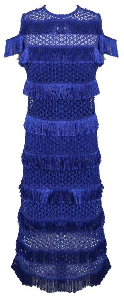 Blue Fringe Cold-Shoulder Dress