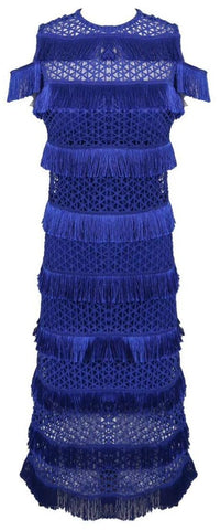 Blue Fringe Cold-Shoulder Dress