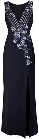 Black Floral-Embroidered V-Neck Sleeveless Gown