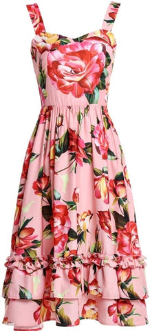 Floral-Printed Pink Ruffle-Trim Dress