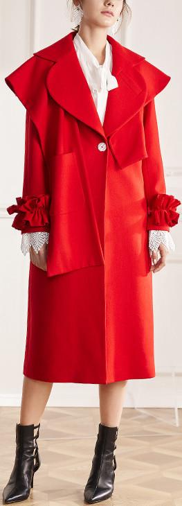Ruffled-Trim Wool-Blend Red Trench Coat